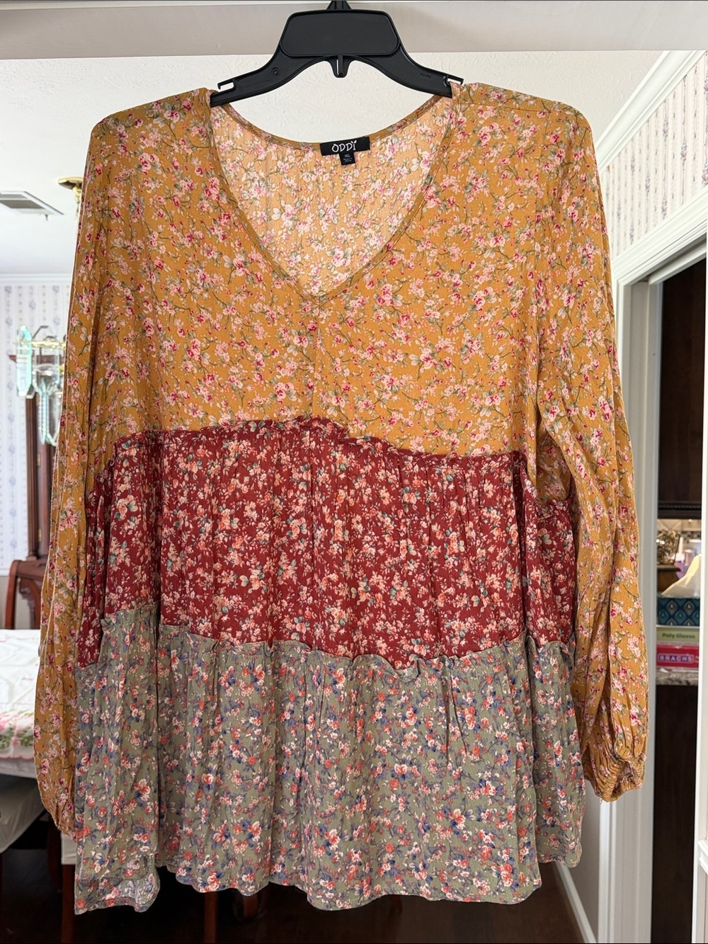 ODDY Floral Bohemian Tiered V-Neck Blouse in Mustard, Burgundy & Sage